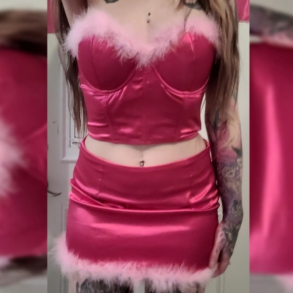 Satin Marabou Feather bustier top + Satin Marabou Feather skirt by Sugar Thrills - Picture 1 of 2
